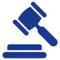 Blue gavel icon on black background.
